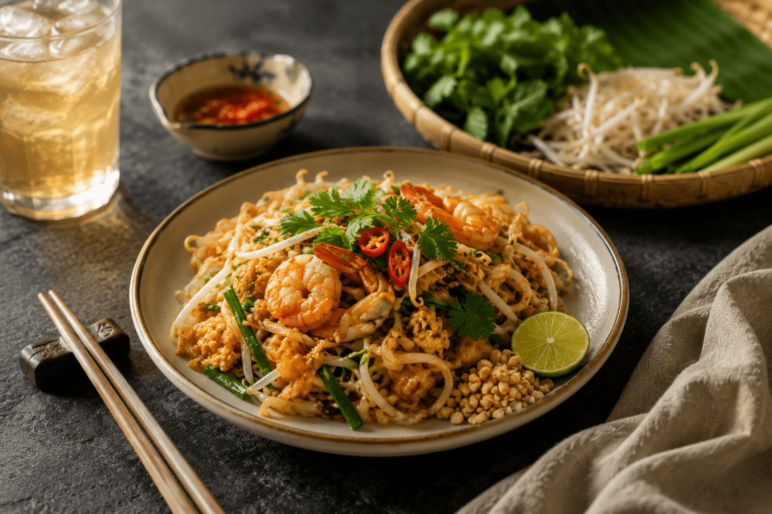 Vietnamese pho with fresh herbs and noodles