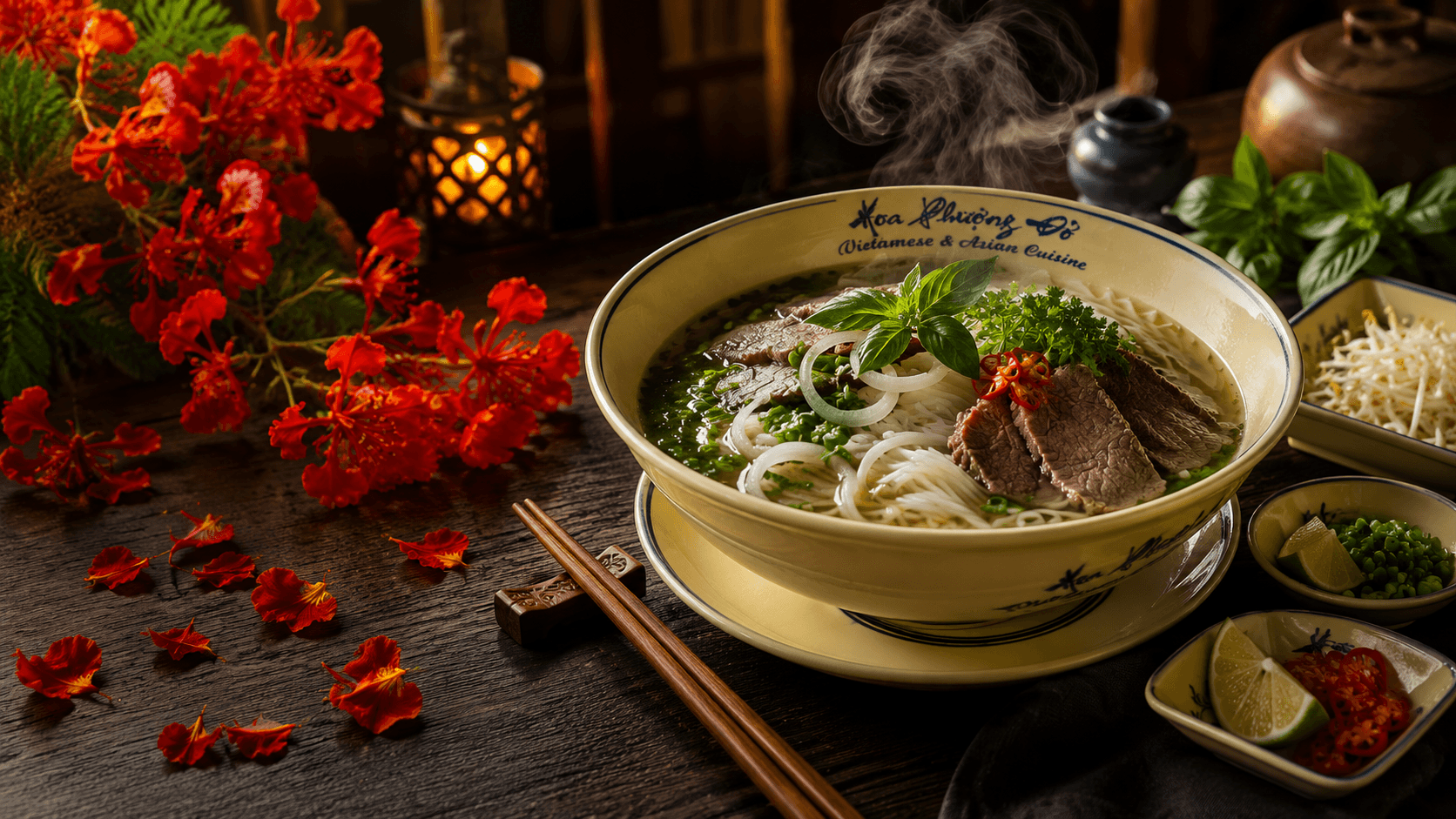 A steaming bowl of authentic Vietnamese pho